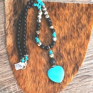 Southwest black & turquoise necklace jasper glass metals artisan custom NEW
